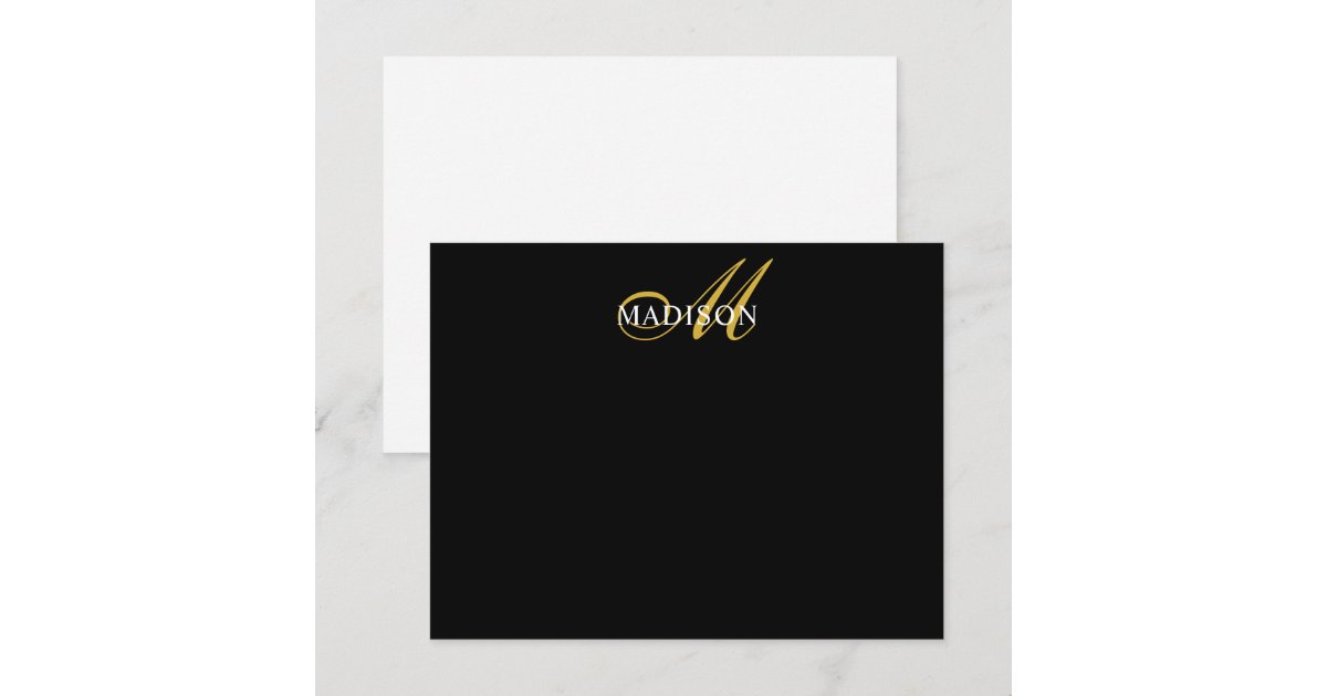 Modern Black Gold Script Monogram Serif Name Black Note Card | Zazzle