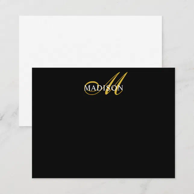 Modern Black Gold Script Monogram Serif Name Black Note Card | Zazzle