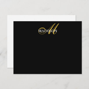Modern Black Gold Script Monogram Serif Name Black Note Card