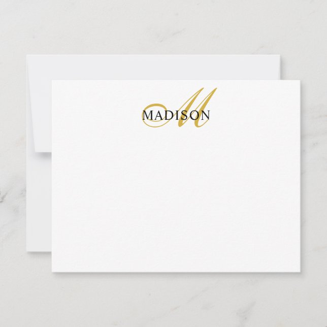 Modern Black Gold Script Monogram Serif Name Note Card (Front)