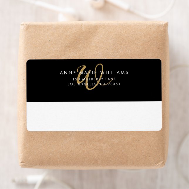 Modern Black Gold Script Monogram Shipping Label (Insitu)