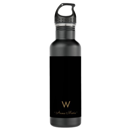 Modern Black Gold Script Monogram Stainless Steel Water Bottle