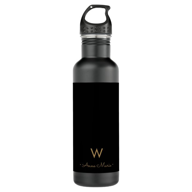 Modern Black Gold Script Monogram Stainless Steel Water Bottle (Front)
