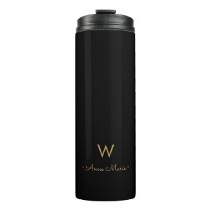 Modern Black Gold Script Monogram Thermal Tumbler