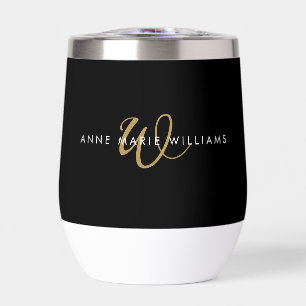 Modern Black Gold Script Monogram Thermal Wine Tumbler