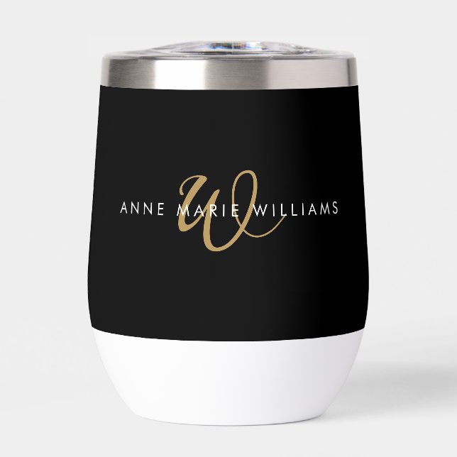 Modern Black Gold Script Monogram Thermal Wine Tumbler (Front)