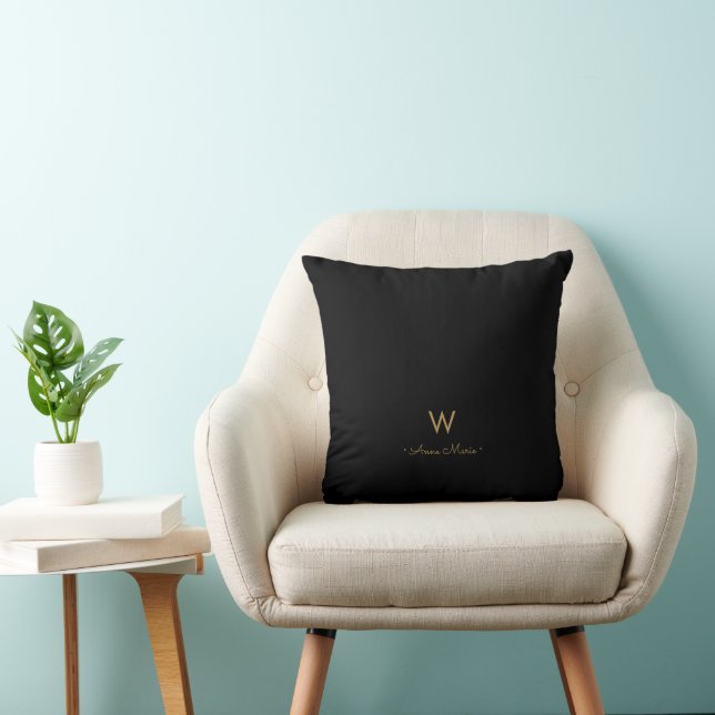 Modern Black Gold Script Monogram Throw Pillow (Chair)