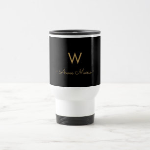 Modern Black Gold Script Monogram Travel Mug