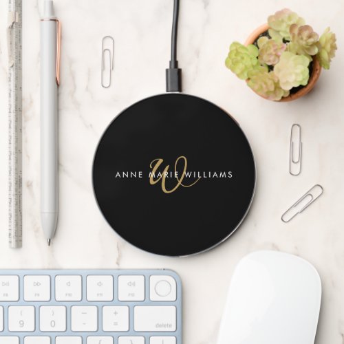 Modern Black Gold Script Monogram Wireless Charger