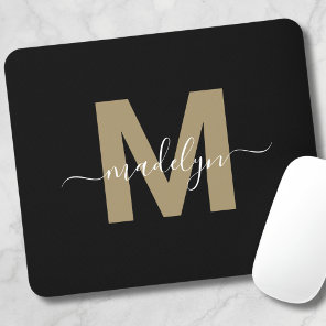 Modern Black Gold Script Name Initial Monogram Mouse Pad