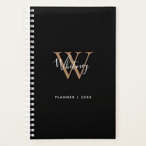 Modern Black Gold Script Name Monogram 2023 Planner