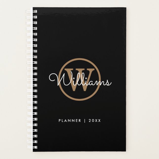 Modern Black Gold Script Name Monogram  Planner (Front)