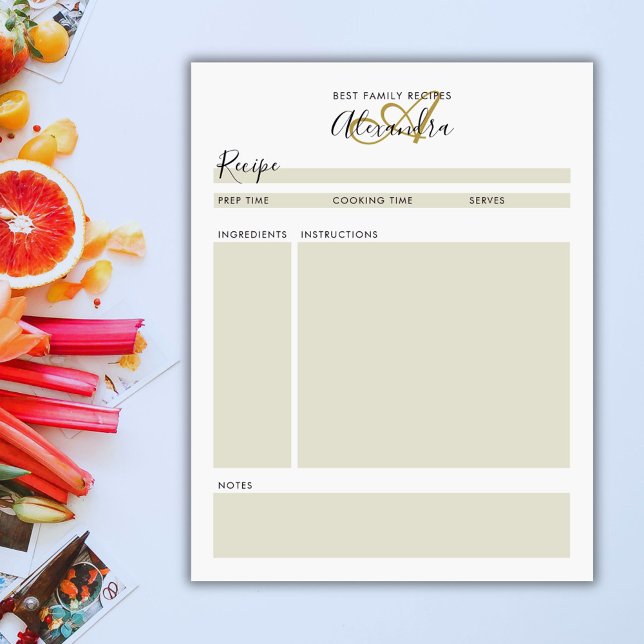 Modern Black Gold Script Name Recipes Notepad (Elegant Monogram Black Gold Modern Recipe Sheet Notepad)