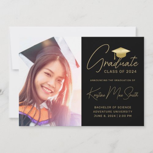 Modern Black Gold Script Photo College Graduation Announcement