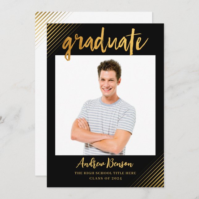 Modern Black & Gold Script Photo Graduation Party Invitation (Front/Back)