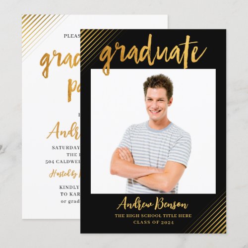 Modern Black &amp; Gold Script Photo Graduation Party Card