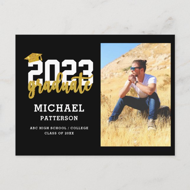 Modern Black Gold Script Photo Graduation Party Invitation Postcard (Front)