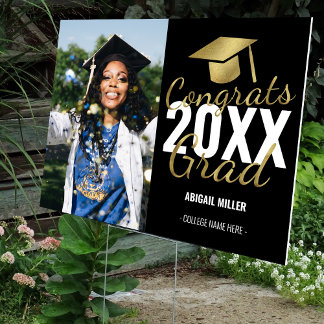 Modern Black & Gold Script Photo Graduation Sign