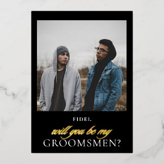 Modern Black Gold Script Photo Groomsmen Proposal Foil Invitation