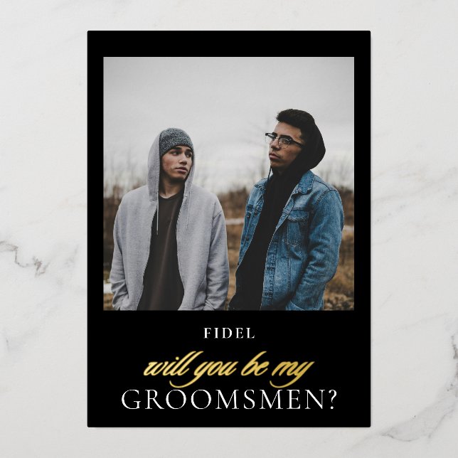 Modern Black Gold Script Photo Groomsmen Proposal  Foil Invitation (Front)