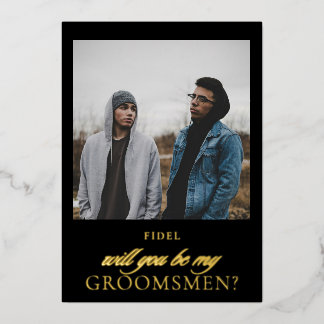 Modern Black Gold Script Photo Groomsmen Proposal Foil Invitation
