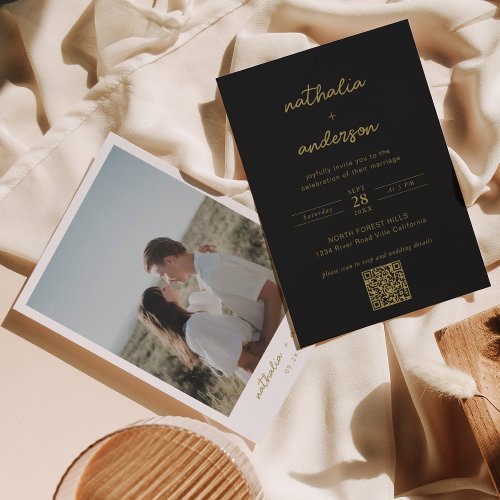 Modern Black Gold Script Photo QR Code Wedding Invitation