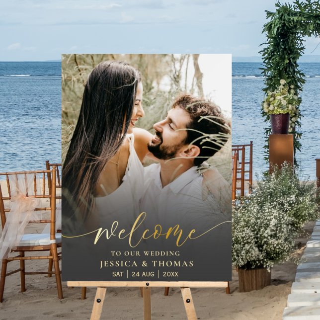 Modern Black & Gold Script Photo Wedding Sign (Creator Uploaded)