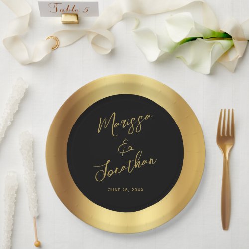 Modern Black Gold Script Shiny Wedding Paper Plates