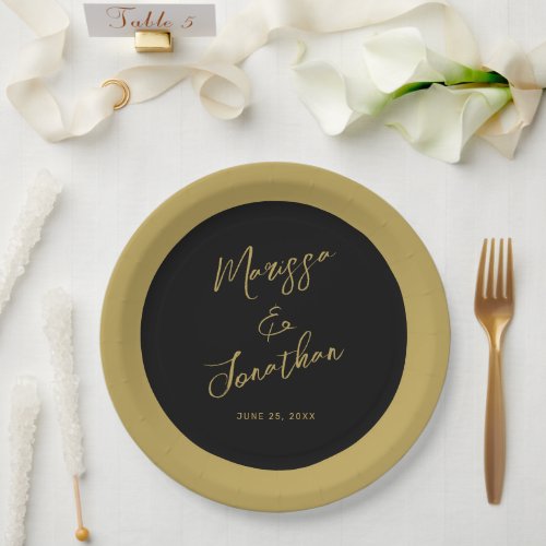 Modern Black Gold Script Stripe Wedding Paper Plates