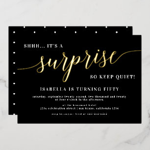 Modern Black & Gold Script Surprise Birthday Party Foil Invitation