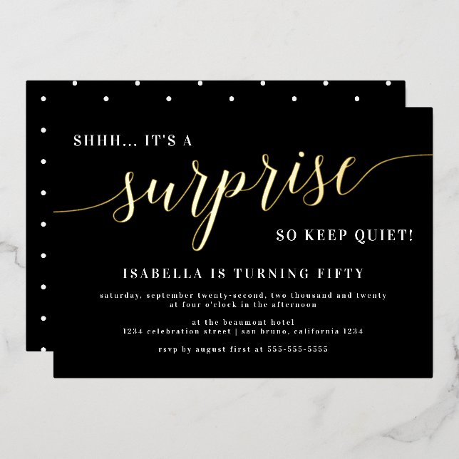 Modern Black & Gold Script Surprise Birthday Party Foil Invitation (Front/Back)