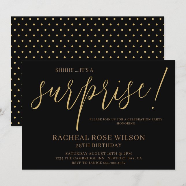 Modern Black Gold Script Surprise Birthday Party Invitation (Front/Back)