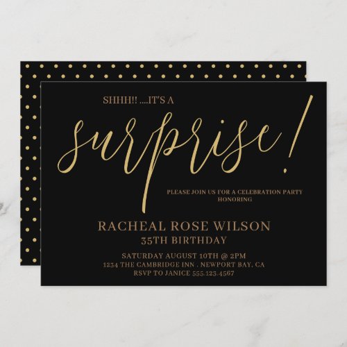 Modern Black Gold Script Surprise Birthday Party Invitation