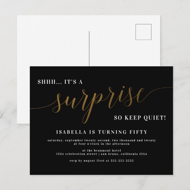 Modern Black & Gold Script Surprise Birthday Party Invitation Postcard (Front/Back)
