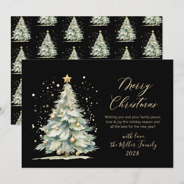 Modern Black Gold Script Watercolor Christmas Tree Holiday Card (Front/Back)