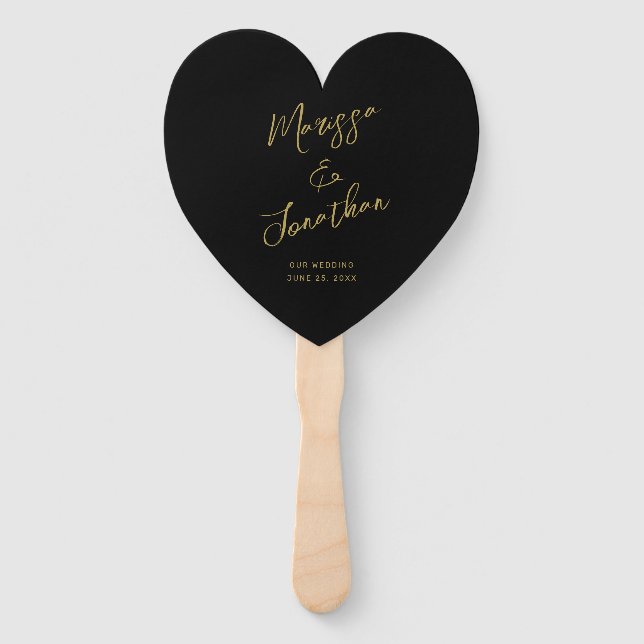 Modern Black Gold Script Wedding Program Hand Fan (Front)