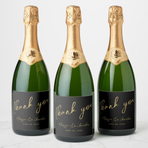 Modern Black Gold Script Wedding Thank You Sparkling Wine Label