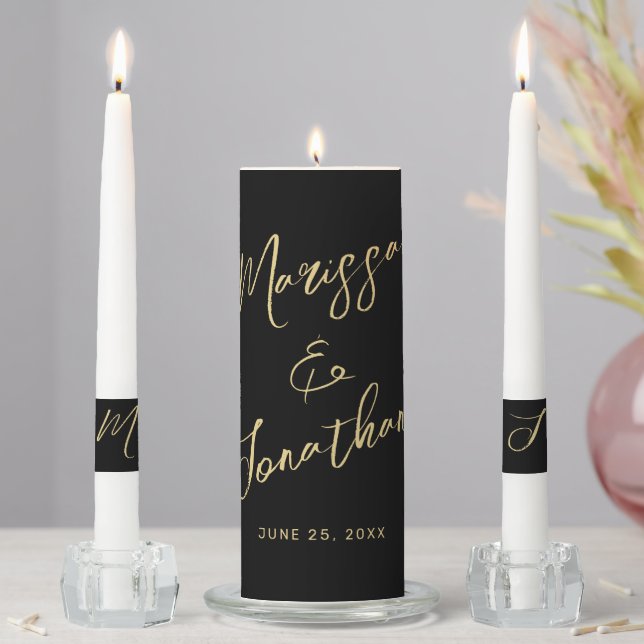 Modern Black Gold Script Wedding Unity Candle Set (In Situ)