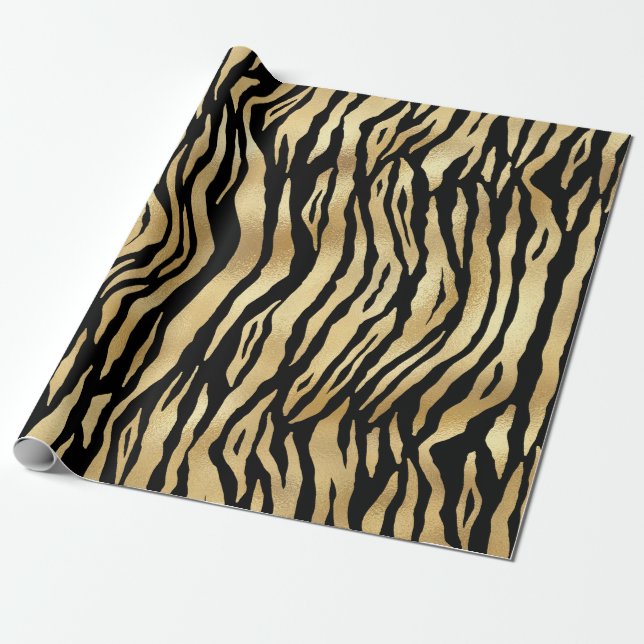Modern Black Gold Shimmer Tiger Stripes Birthday Wrapping Paper (Unrolled)