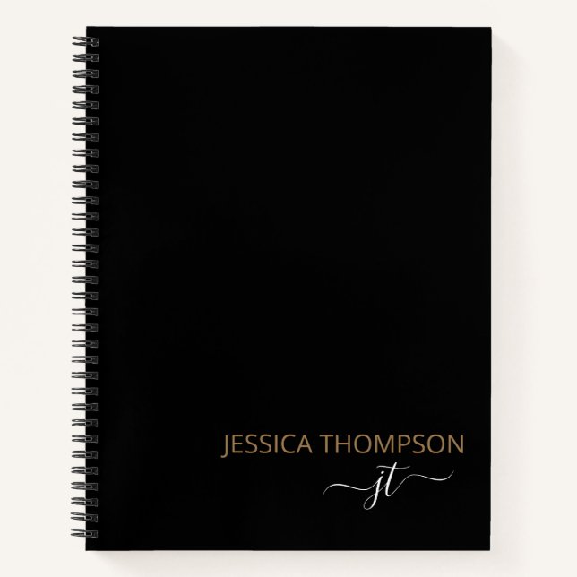 Modern Black Gold Simple Script Monogram Name   Notebook (Front)