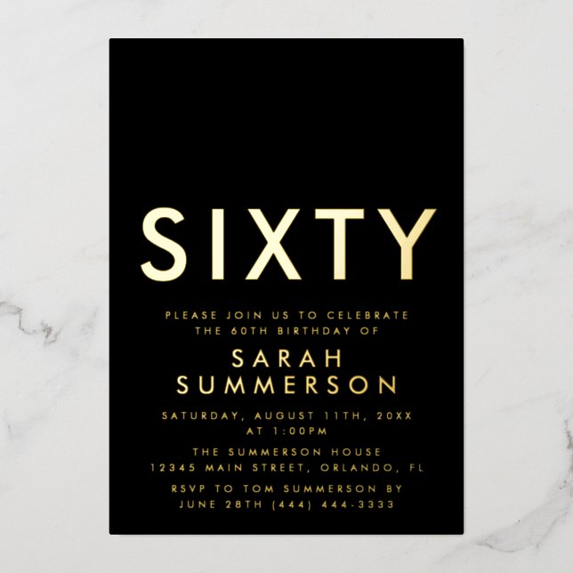 Modern Black Gold Sixty 60th Birthday Party Foil Invitation (Front)