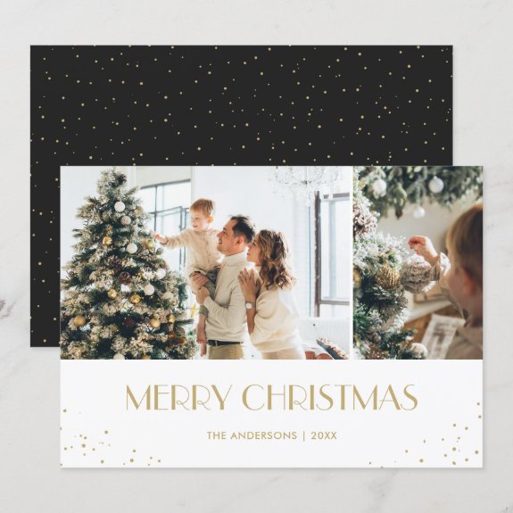 Modern Black Gold Snow Merry Christmas Photo Card