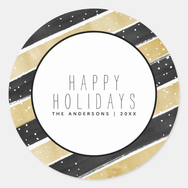 Modern Black & Gold Snowflake Stripes Classic Round Sticker | Zazzle