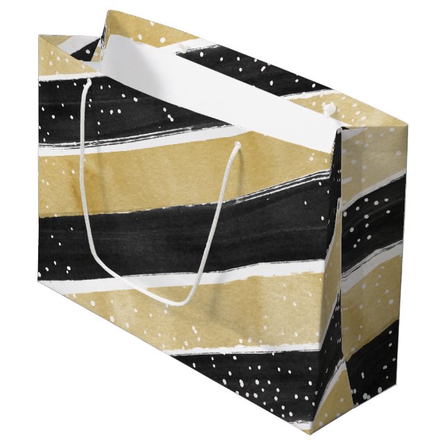 Modern Black & Gold Snowflake Stripes Holiday Large Gift Bag (Front Angled)