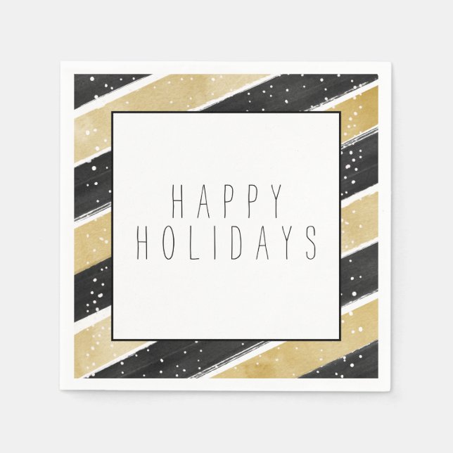 Modern Black & Gold Snowflake Stripes Holiday Napkins (Front)
