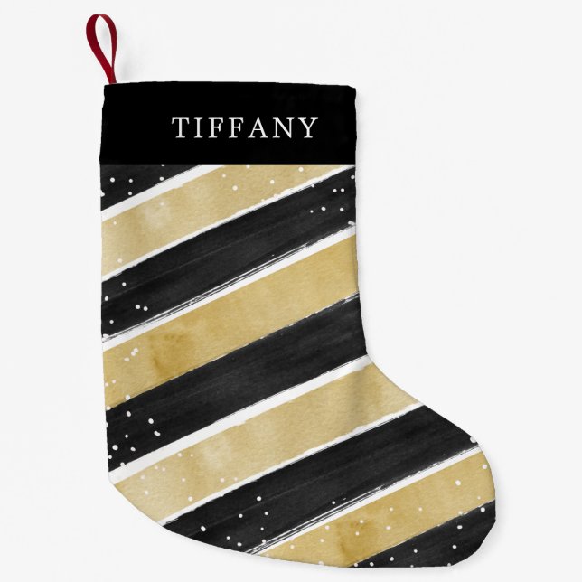 Modern Black & Gold Snowflake Stripes Personalized Small Christmas Stocking (Front)