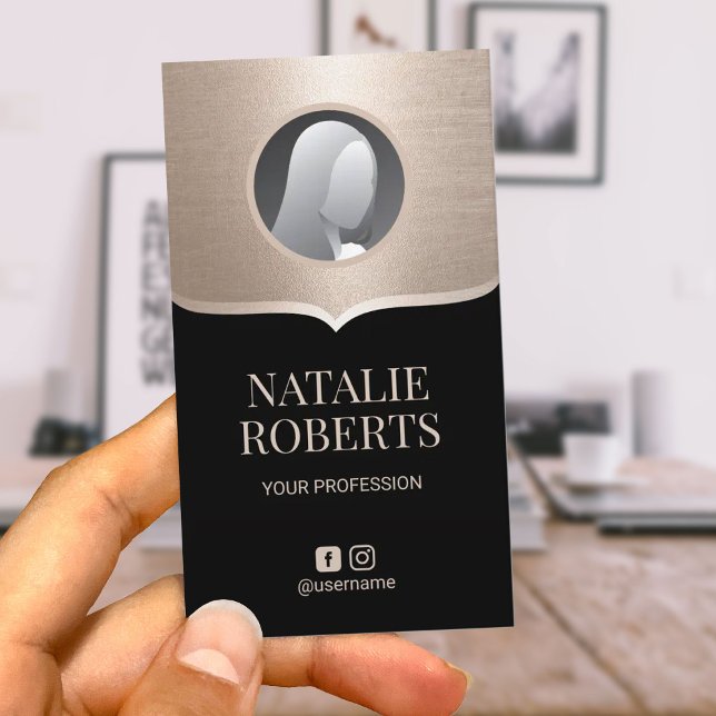 Modern Black & Gold Social Media Custom Photo Business Card (Creator Uploaded)