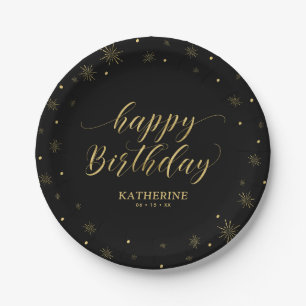 Modern Black & Gold Sparkle Happy Birthday Party Paper Plates