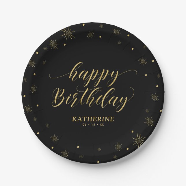 Modern Black & Gold Sparkle Happy Birthday Party Paper Plates (Front)