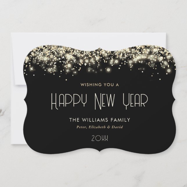 Modern Black Gold Sparkle Happy New Year Card (Front)